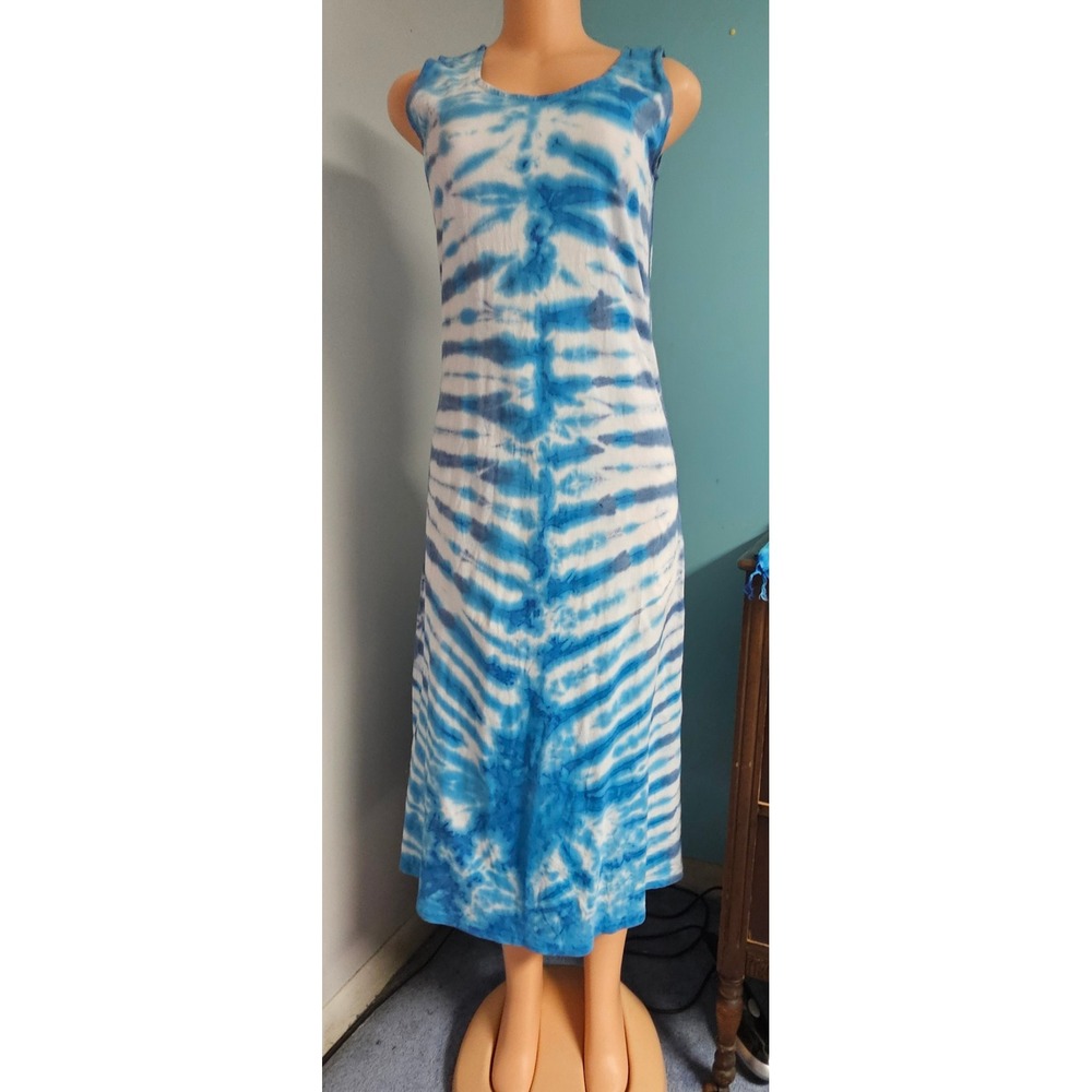 Dharma Trading Co Tie Dye Maxi Dress Womens Small Blue White Cotton Sleeveless